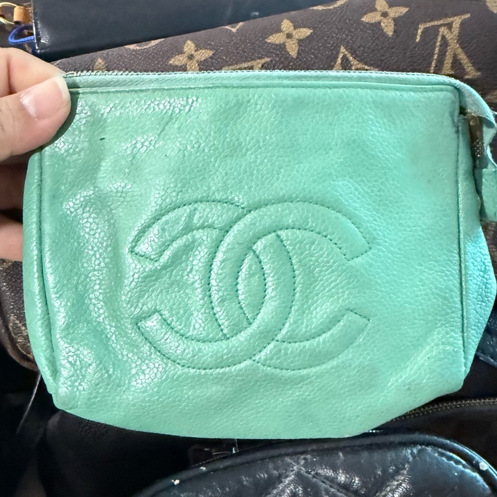 CHANEL Light Green Leather Cosmetic Case